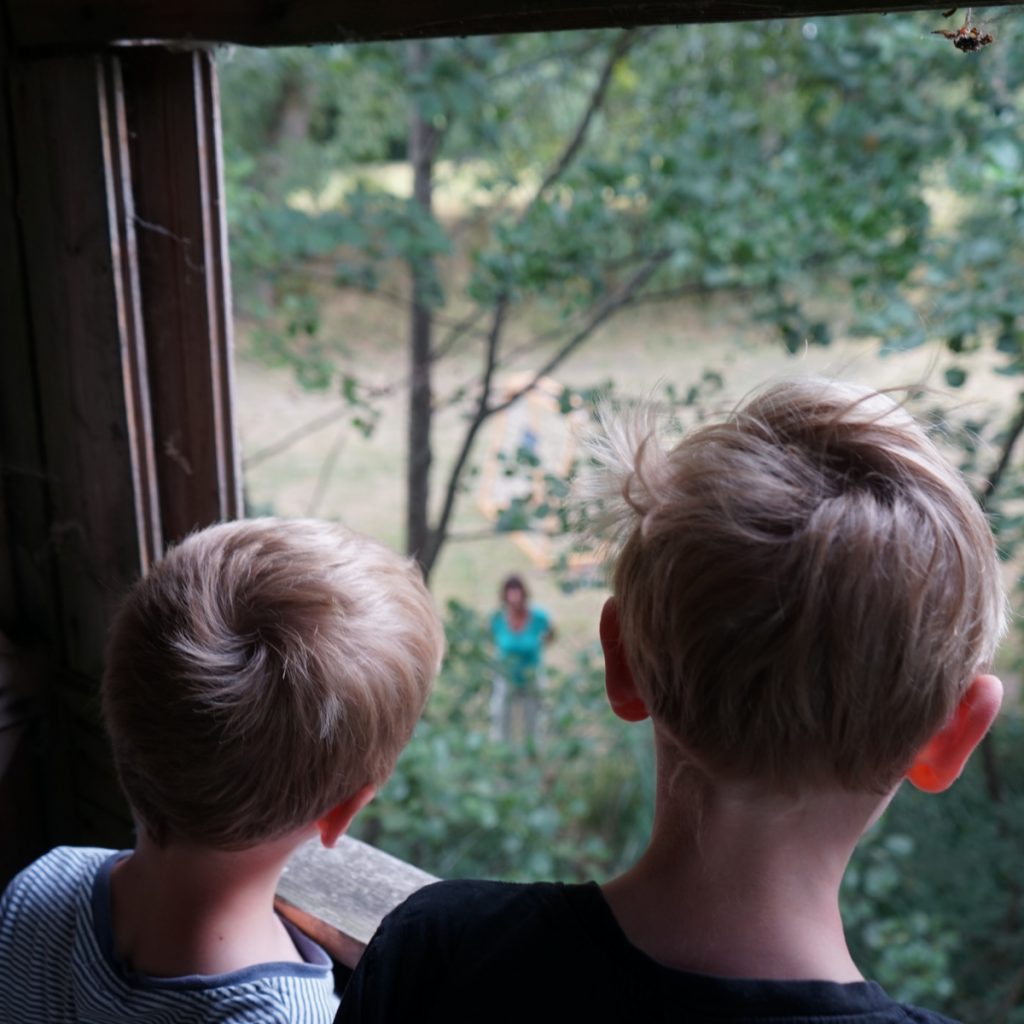 Picture of two boys looking down from a treehouse at scolding mother