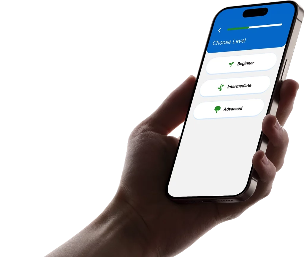 Hand holding iPhone displaying Zoundslike English speaking game interface with topic selection