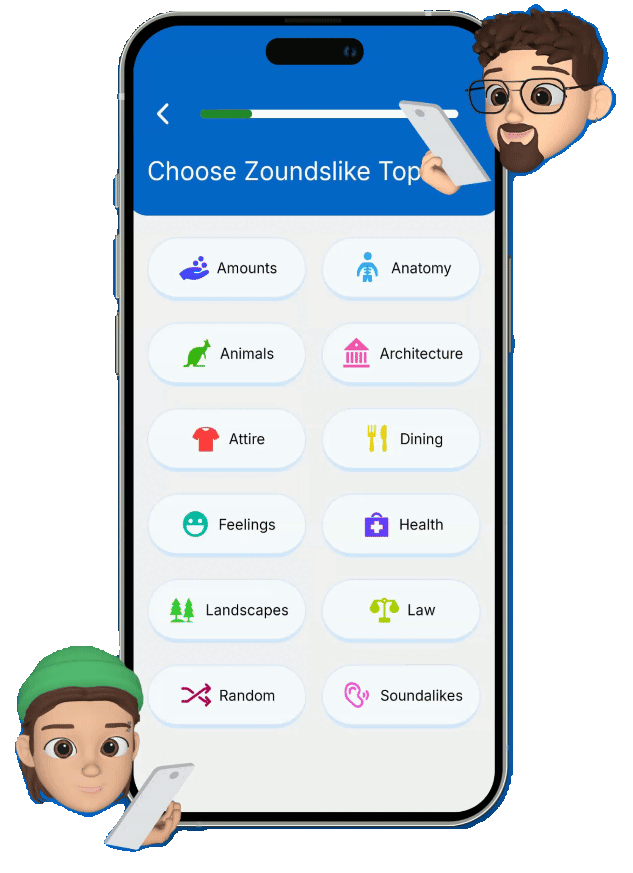 Zoundslike app showing English vocabulary game topic selection on mobile screen