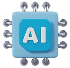 Blue 3D AI processor icon representing advanced artificial intelligence features in Zoundslike